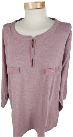 T-Shirt, dreiviertelarm mit Rundhalsausschnitt und Zipp, altrosa meliert, Größe 48 - Bild 1