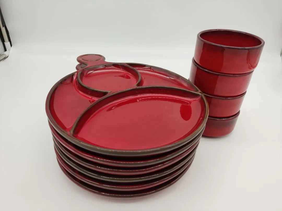 Vintage-Grillteller / Fondue-Geschirr - rot - Bild 1