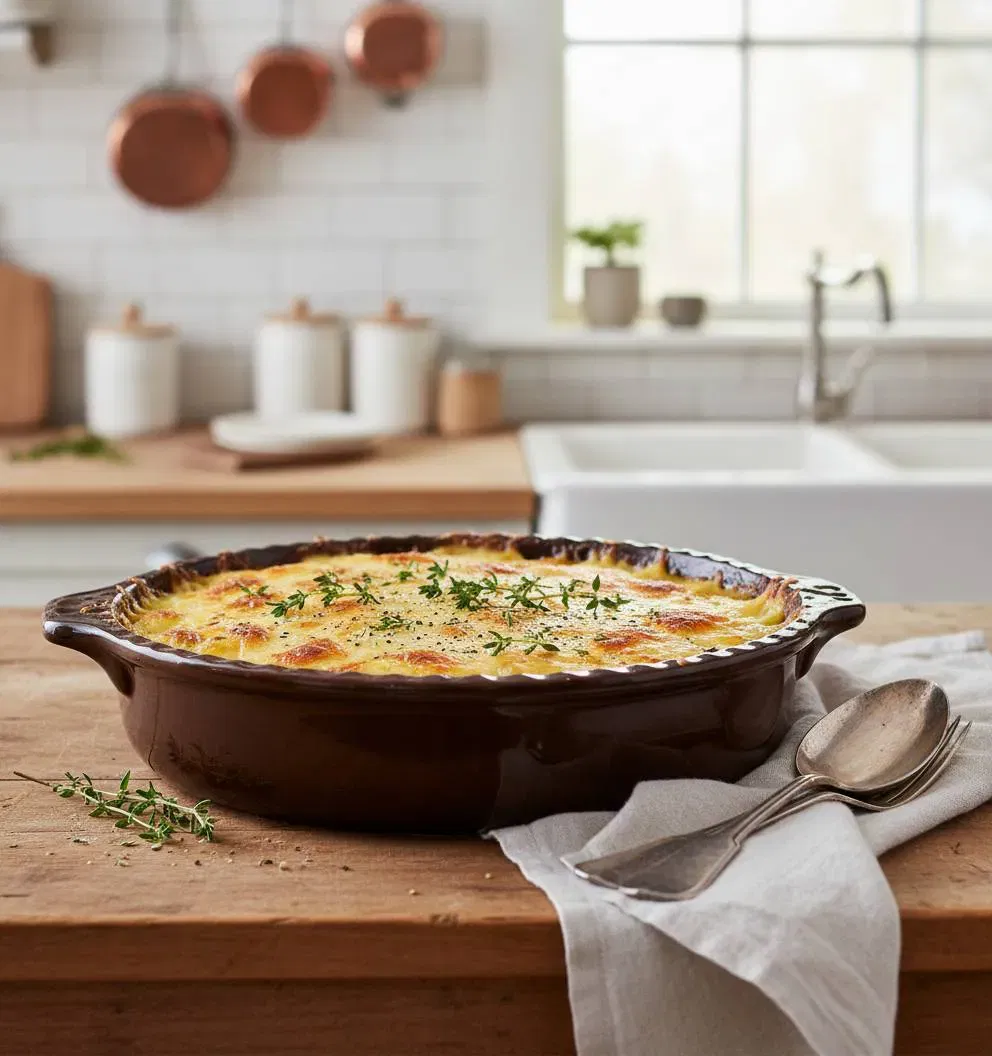 Keramik-Auflaufform, braun glasiert, Ø ca. 21,5 cm, Tiefe ca. 5,5–6 cm, Westdeutschland, Griffe mit Herz-Ösen - Bild 4