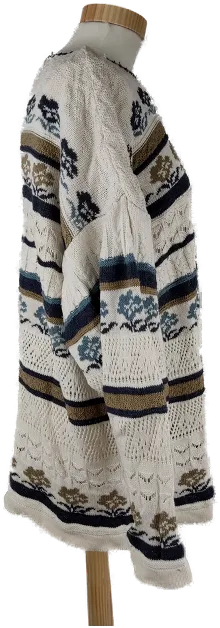 Pullover langarm mit Rundhalsausschnitt, gestrickt mit verschiedenen Mustern, beige/blau/braun, Größe XL (geschätzt) – Bild 2