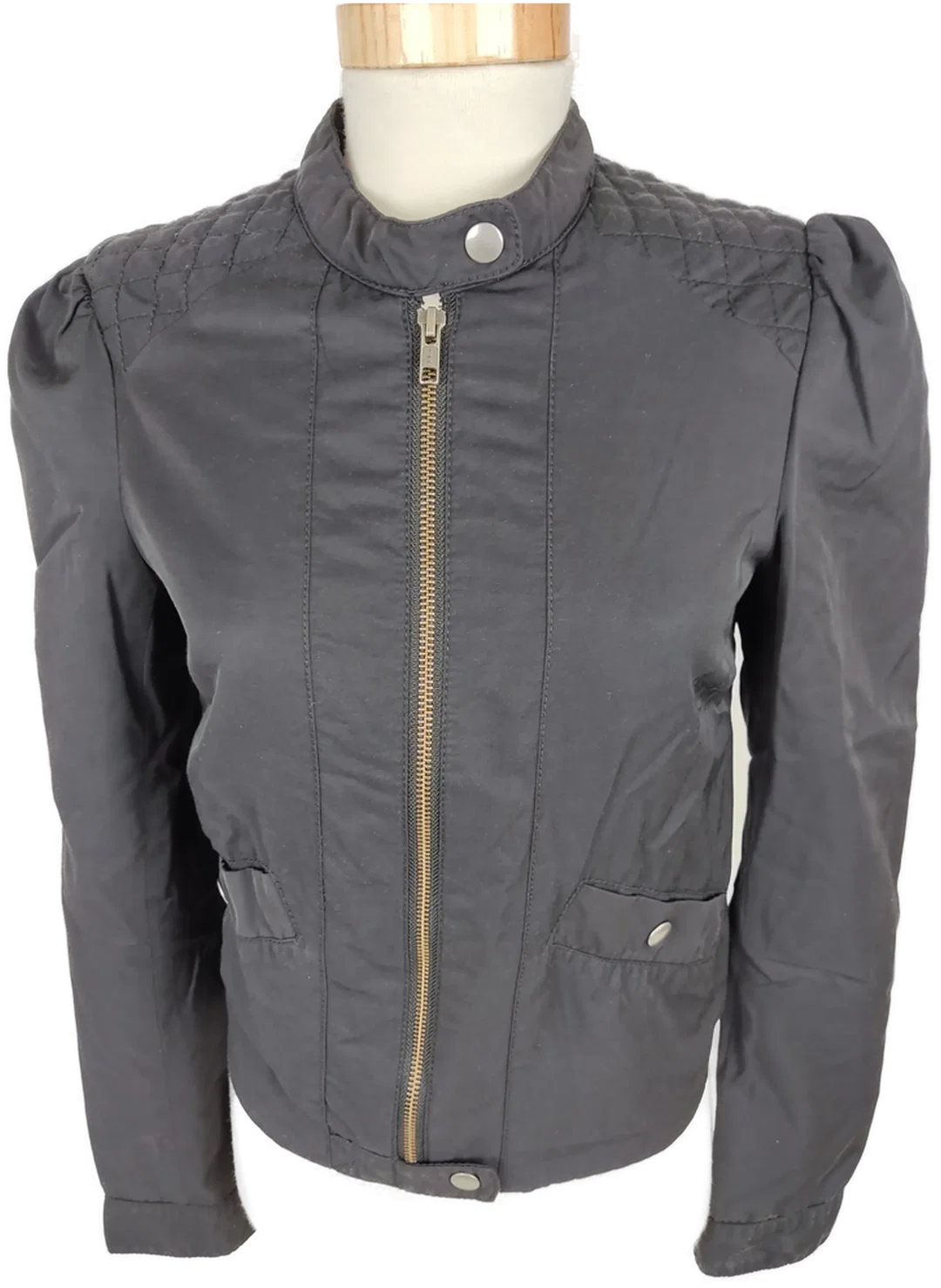Jacke "H&M", langarm mit kleinen Stehkragen, schwarz, mit Zipp und Absteppung, Größe 36 – Bild 2