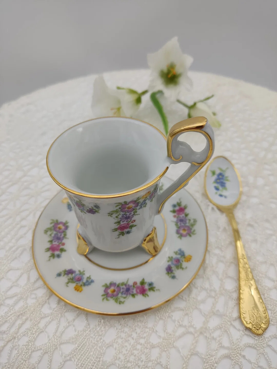 TK Thun Böhmen Porzellan Sammeltasse-Set (Mokkatasse, Untertasse, Löffel)  | Original Tschechoslowakei – Bild 3
