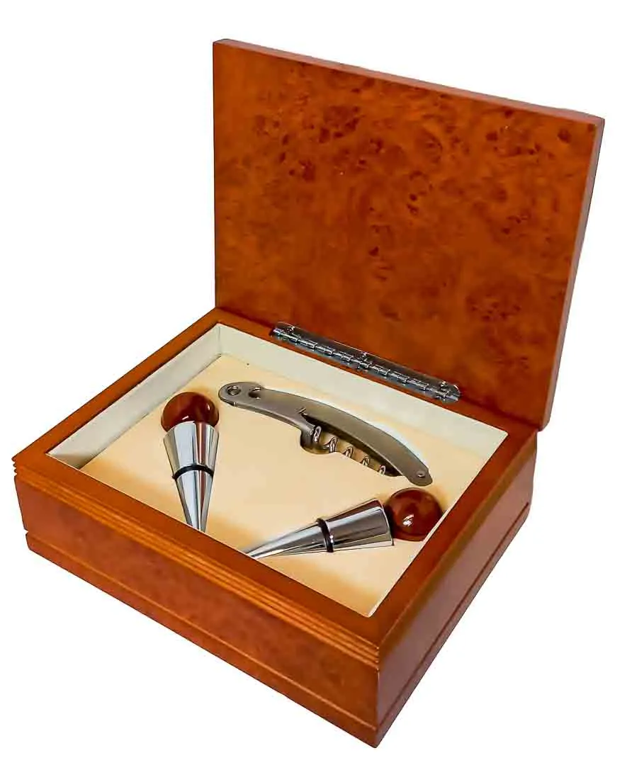 Exklusives Wein-Set 3-tlg. in edler Holzschatulle Wurzelholz-Optik - Bild 2