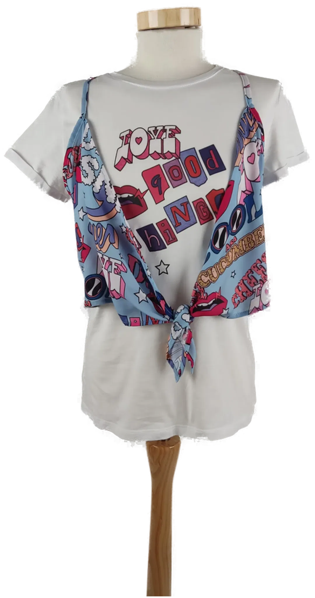 Weißes Damen T-Shirt Kurzarm mit eingenähtem buntem Bolero, Gr. M - Bild 1