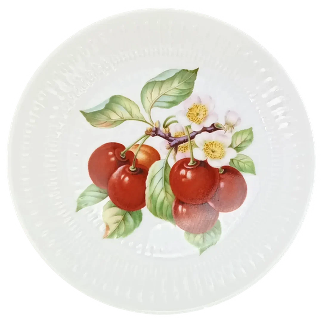 Vintage Hutschenreuther Selb - strukturierte Porzellan-Kuchenplatte mit 6 Gebäcktellern (Serie Apart / Obst-Serie) – Bild 8