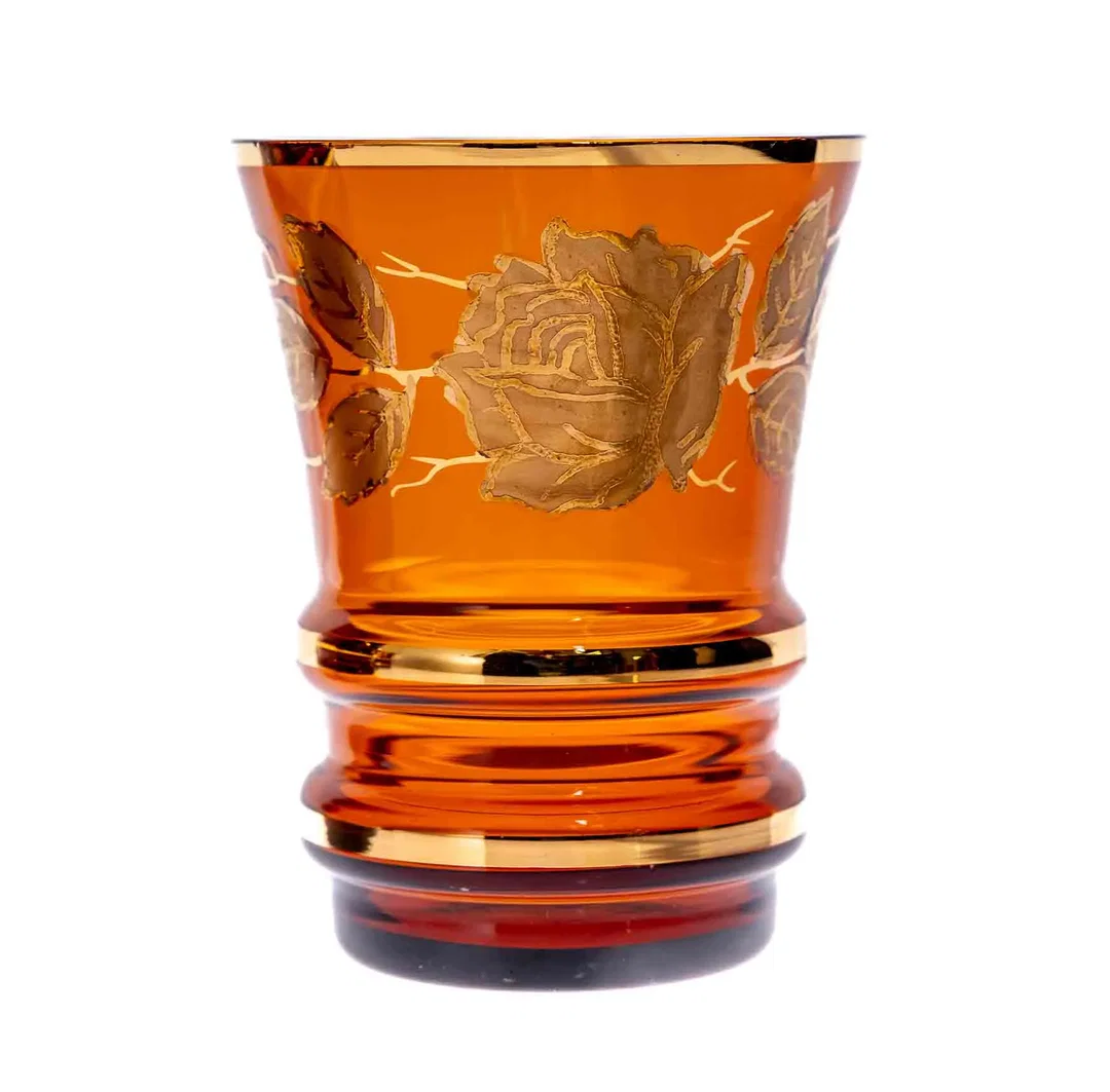 Glas-Krug + 6 Glas-Becher  mit Goldrand und Blumenmuster in braun – Bild 3