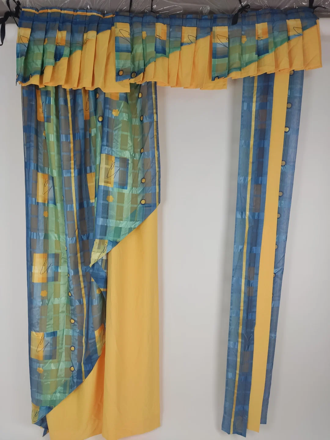 Vorhang-Fenster 3tlg., Vorhang-Tür 3tlg., gelb/blau-grün gemustert – Bild 2
