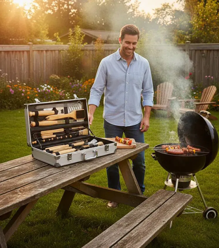 Grillbesteck-Set im Aluminiumkoffer, Holzgriffe, Edelstahl – umfangreiches Set mit Bürste, Zange, Wender, Gabel, Spießen - Bild 1