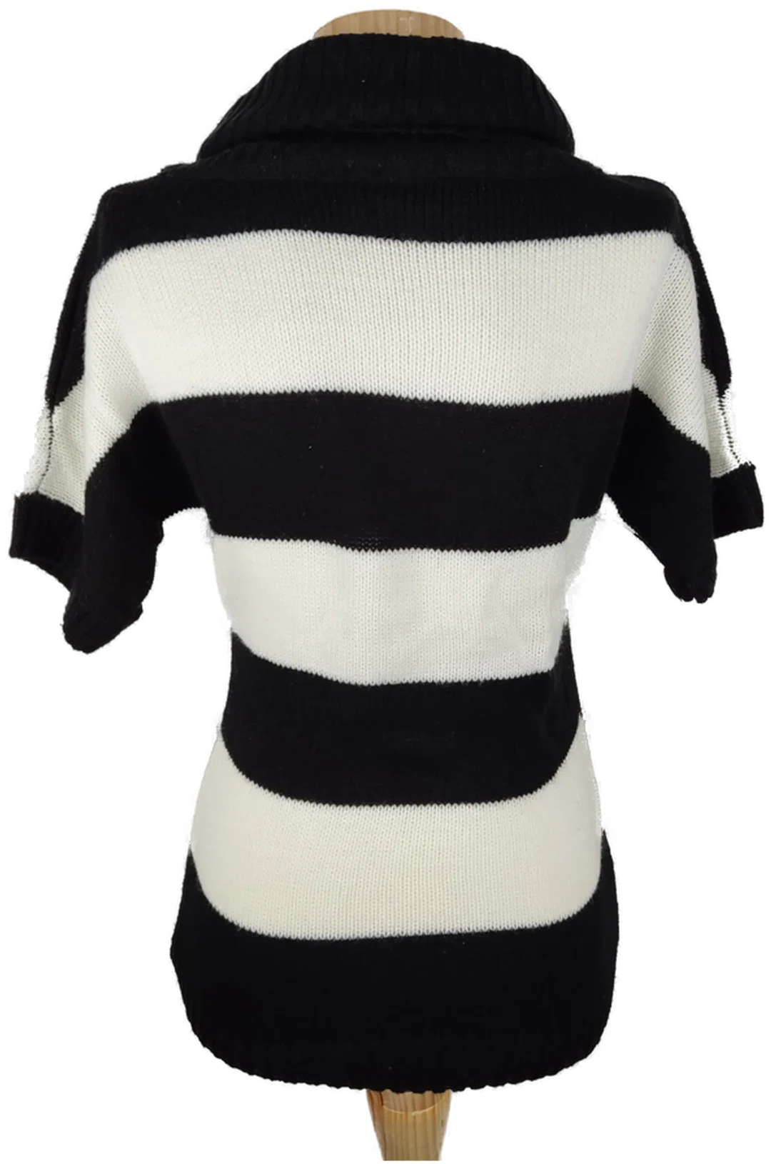 Pullover "Esmara", kurzarm mit Schalkragen, gestrickt, schwarz/weiß gestreift, Größe 36/38 – Bild 3