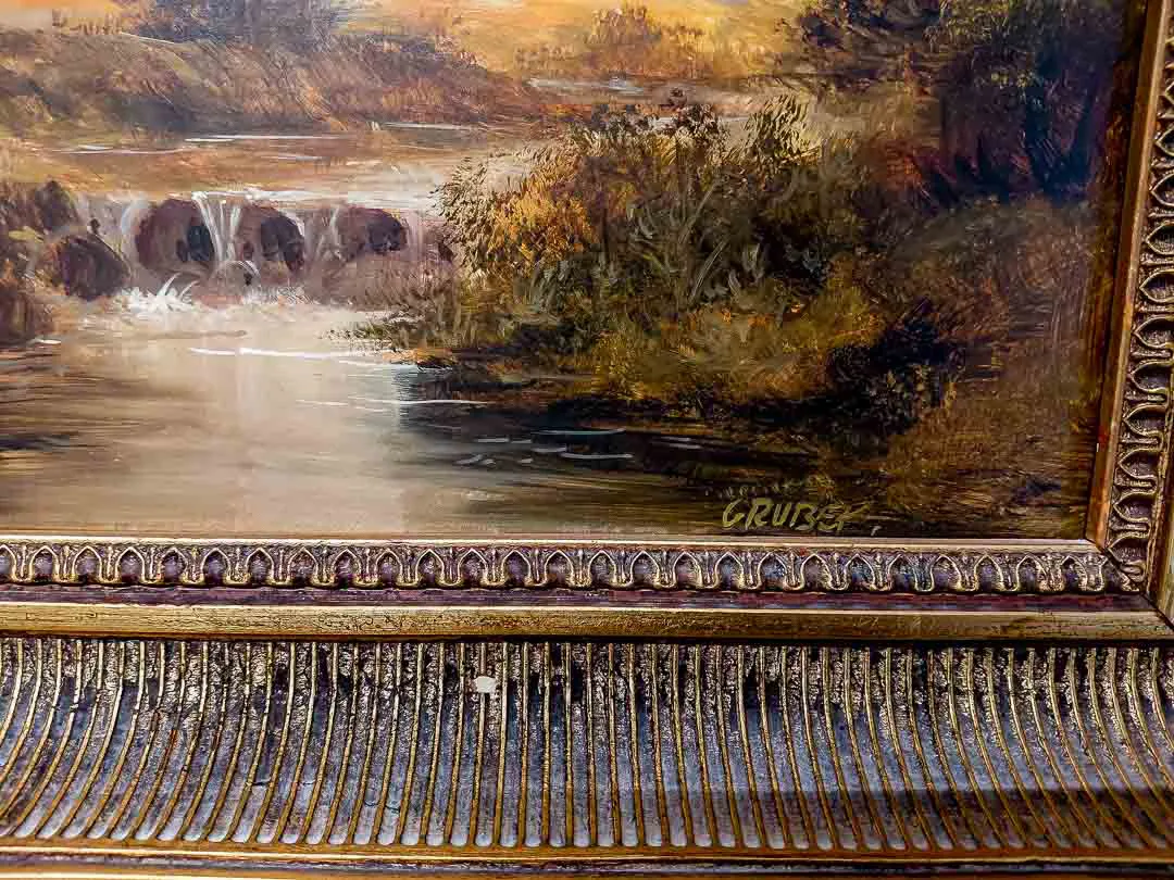 Antikes Ölgemälde Flusslandschaft, signiert Gruber, Prunkrahmen vergoldet, ca. 54x44cm – Bild 4