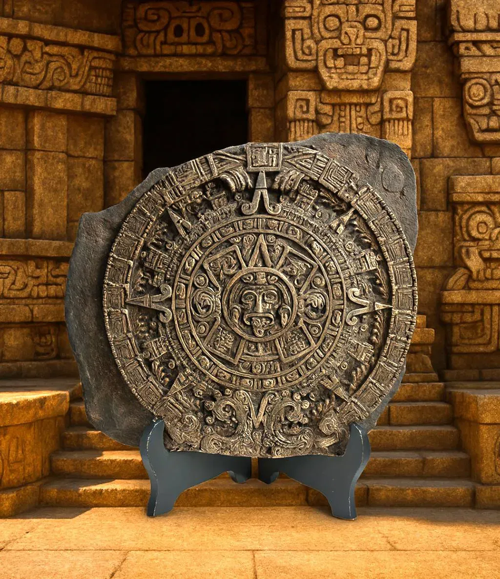 Azteken Sonnenkalender – Wandrelief 36 x 31 cm – Kunststein Deko mit Holzständer - Bild 4