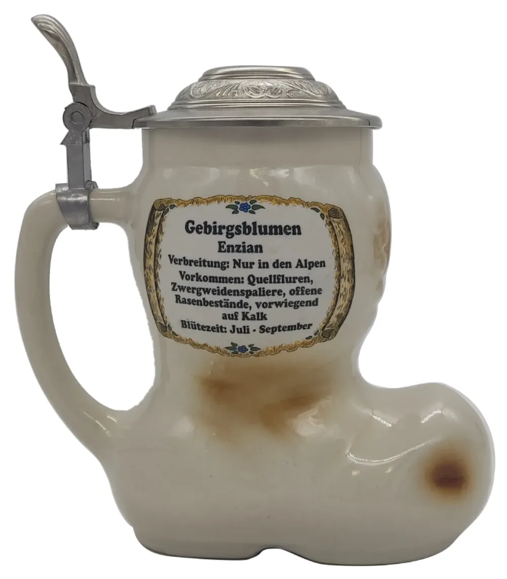 Bierkrug mit Deckel und Enzianmotiv in beige, Höhe 20cm – Bild 2