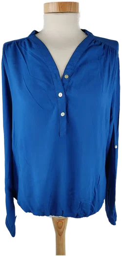 Bluse "Amisu", langarm mit V-Ausschnitt, kobaltblau und Gummizubund, Größe XS