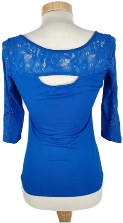 T-Shirt dreiviertelarm mit Rundhalsausschnitt, kobaltblau mit Spitze, Größe S (geschätzt) - Bild 3