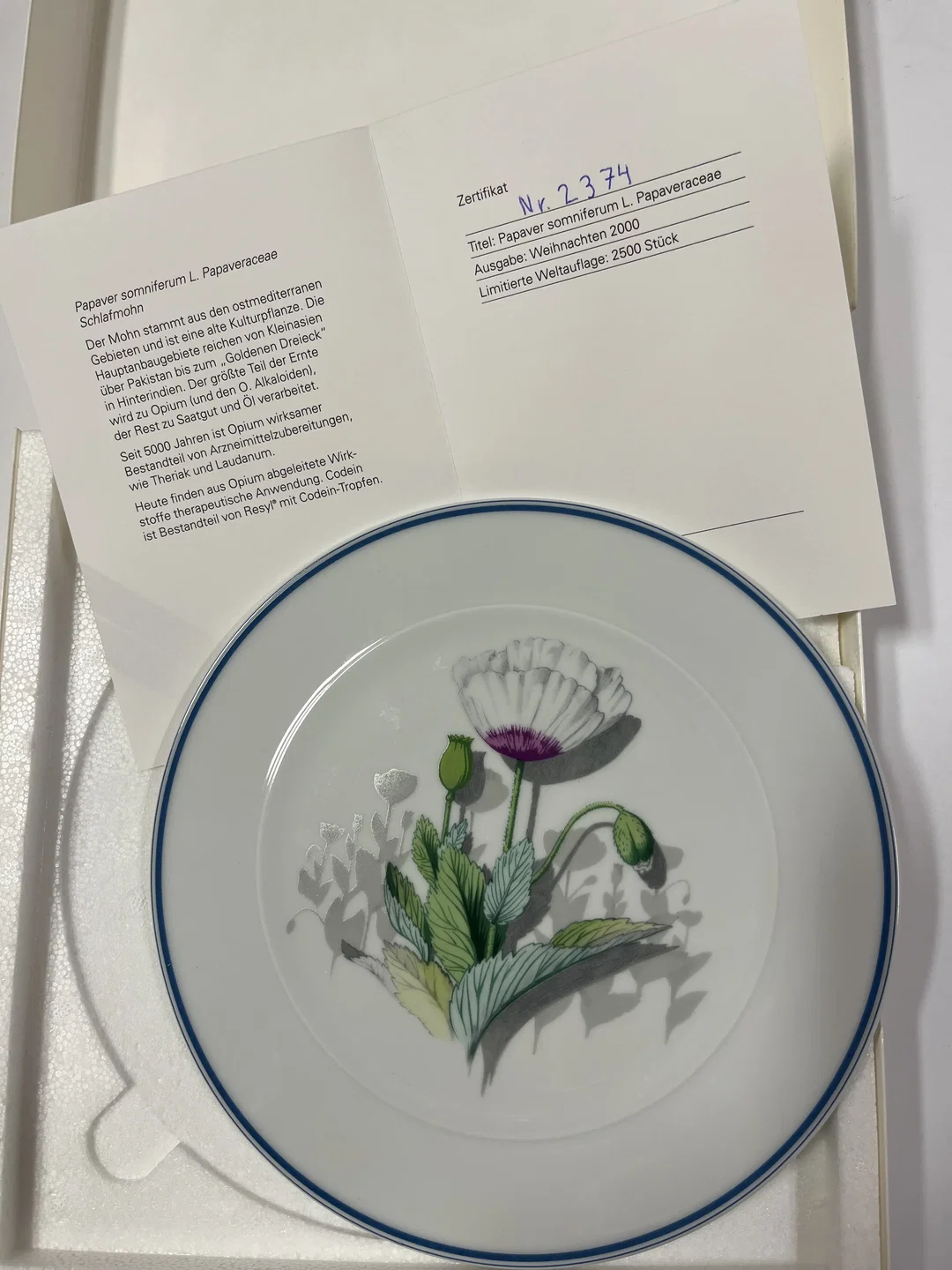 SUISSE LANGENTHAL Sammelteller Nr.2374 Weihnachtsteller 2000 Schlafmohn mit Zertifikat – Bild 3