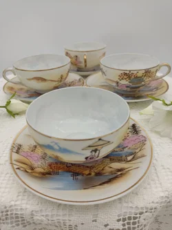 Japanische Teetasse mit Untertasse 4er-Set Porzellan Landschaftmotiv | Asiatische 'Kutani' Stil - Bild 2