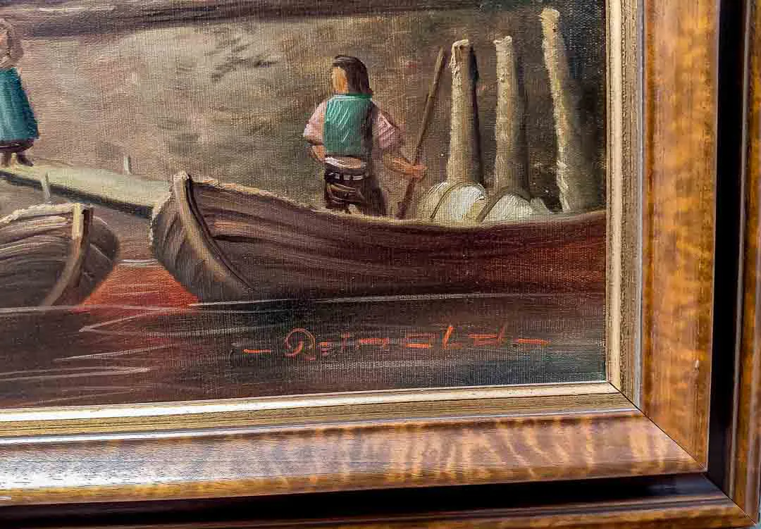 Großes Ölgemälde Hafenstädtchen, signiert Reinold, Prunkrahmen 114x74cm – Bild 2