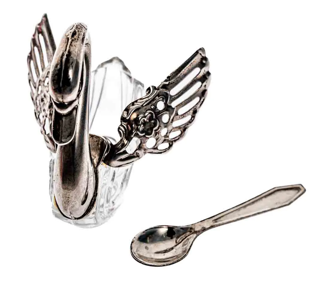 Zuckerdose Schwan mit Löffelchen versilbert/Glas – Bild 4