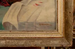 Vintage Bild Gemälde mit Geschichte Stillleben Obstkorb Blumen Vase Öl auf Leinwand A.Nemecek - Bild 2