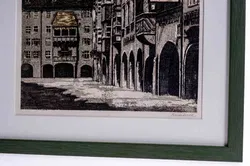 Josef Reinbach: Handkolorierte Originalradierung Innsbruck, Goldenes Dachl mit der Nordkette im Hintergrund - Bild 2