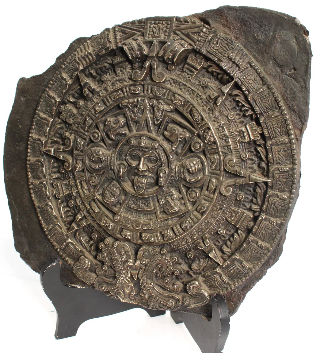 Azteken Sonnenkalender – Wandrelief 36 x 31 cm – Kunststein Deko mit Holzständer – Bild 3