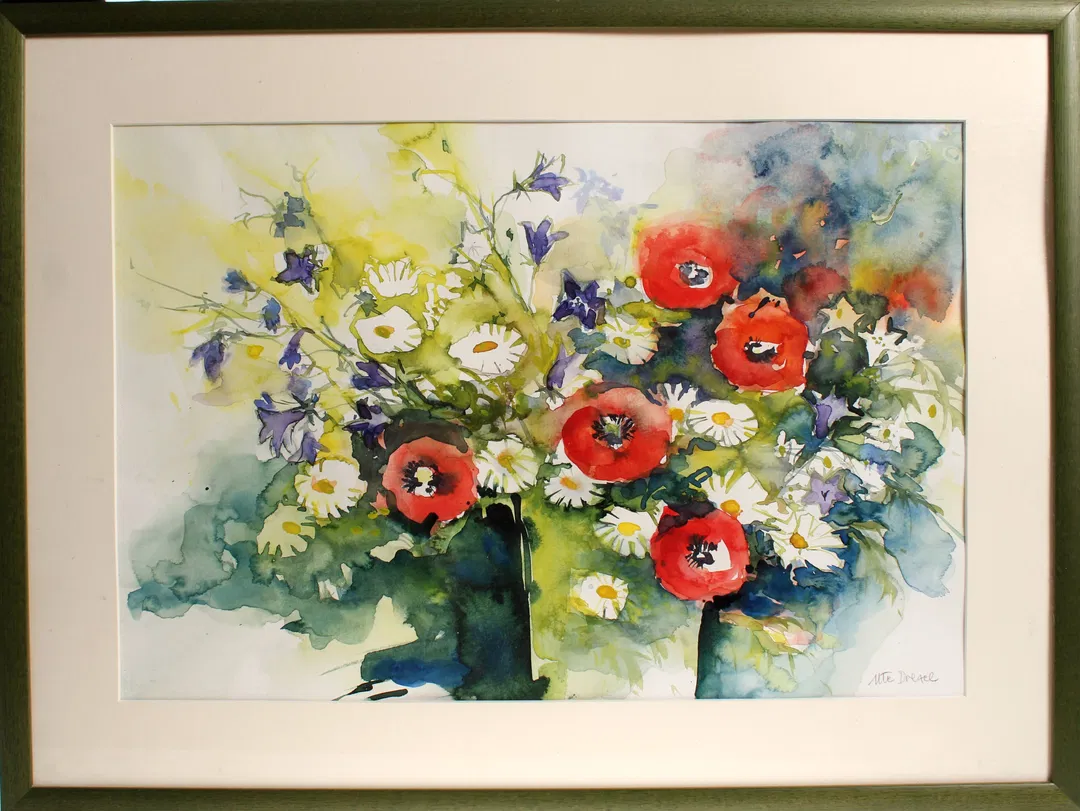 Bild Ute Dresel – Blumenstrauß, Original-Aquarell im Rahmen - Bild 1