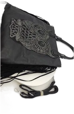 Stilvolle schwarze Handtasche mit Eulen-Motiv und fransigen Akzenten – FHD-RH-Ronghua, sehr gute Qualität mit Schulterriemen - Bild 3
