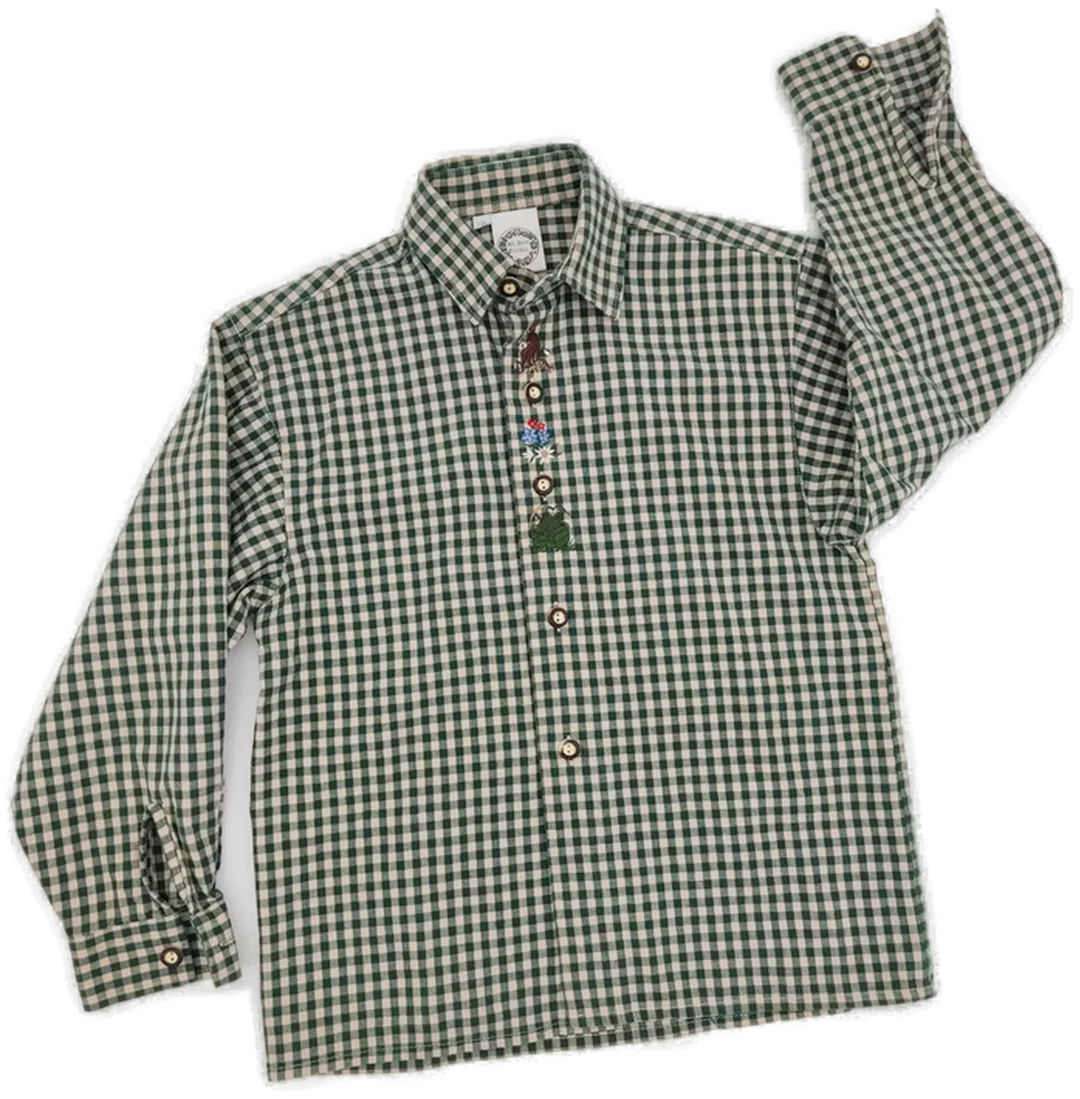 Kinder Trachtenhemd "St. Peter Trachten", langarm mit Kragen, beige/grün kariert mit Stickerei, Größe 128 – Bild 6