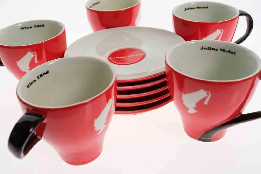 JULIUS MEINL 10-teiliges Set aus Kaffee- und Untertassen in rot-weiß-braun – Bild 4