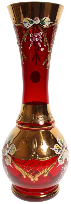 Böhmische Glasvase, rot-gold, handbemalt – ca. 22 cm - Bild 1