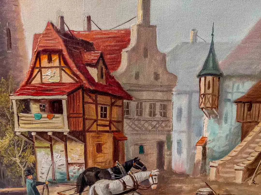 Großes Ölgemälde Hafenstädtchen, signiert Reinold, Prunkrahmen 114x74cm – Bild 3