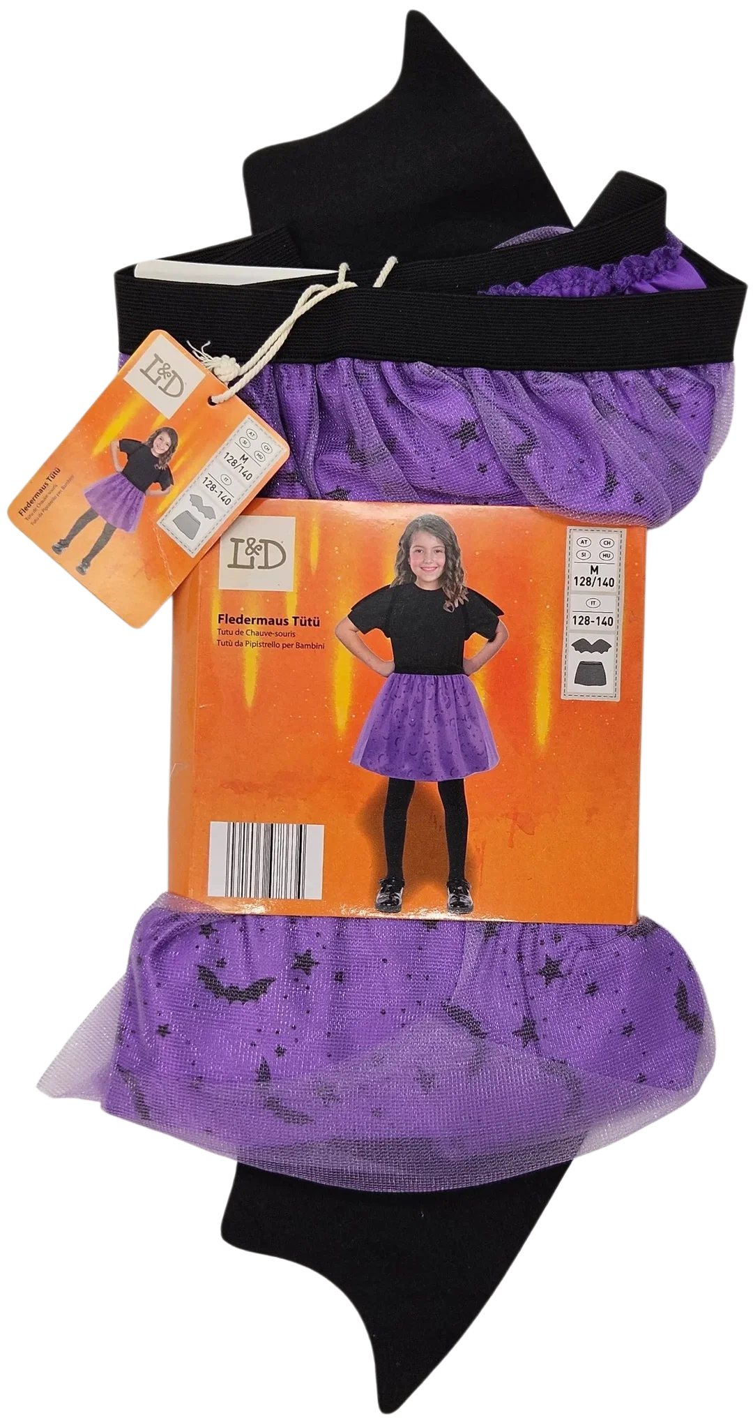 L&D Kinder-Halloween-Tutu mit Fledermausflügeln, lila - Gr. M/128-140 – Bild 1