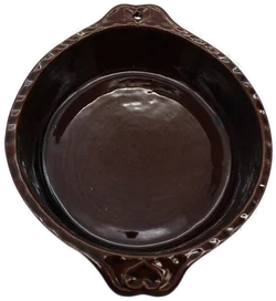 Keramik-Auflaufform, braun glasiert, Ø ca. 21,5 cm, Tiefe ca. 5,5–6 cm, Westdeutschland, Griffe mit Herz-Ösen - Bild 2