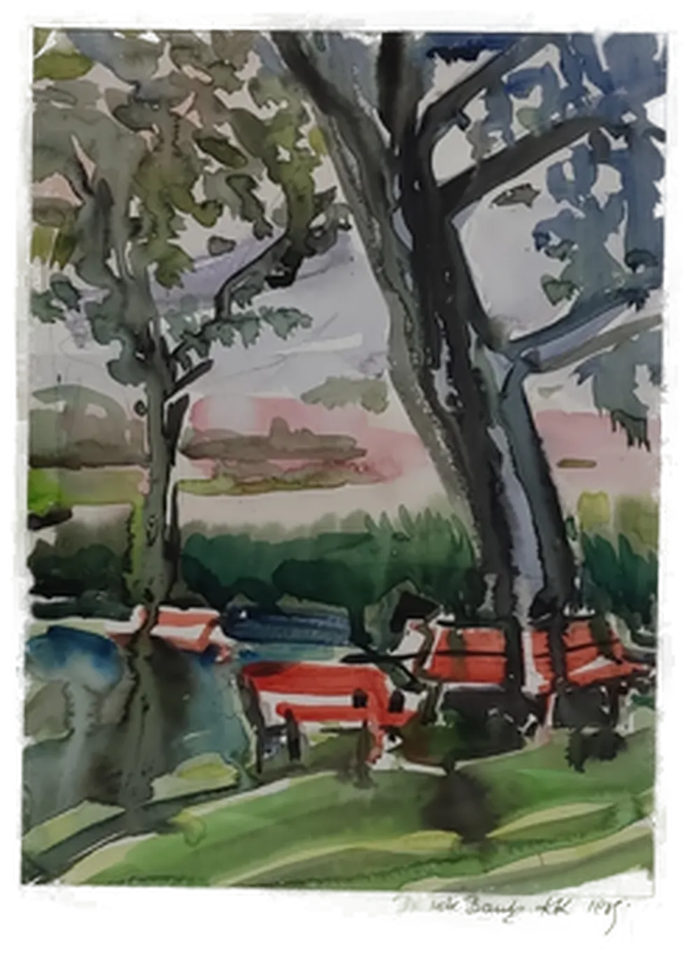 Gerahmtes Aquarell Bild 'Die Rote Bank' -1915 | Vintage-Schatz - Bild 4